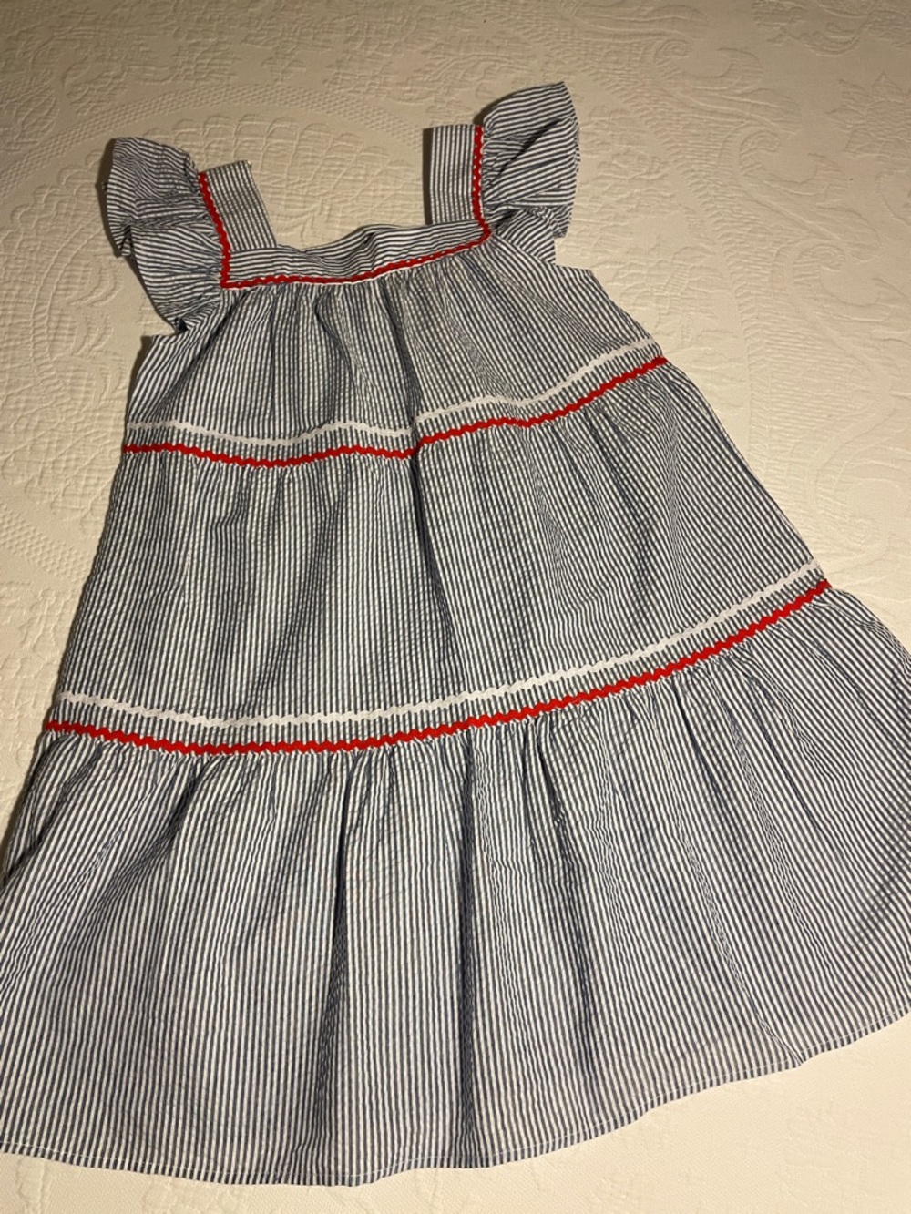 Girls' Blue Striped Casual Dress with Red Trim